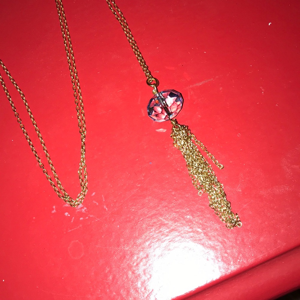 Gold long chained blue gem necklace